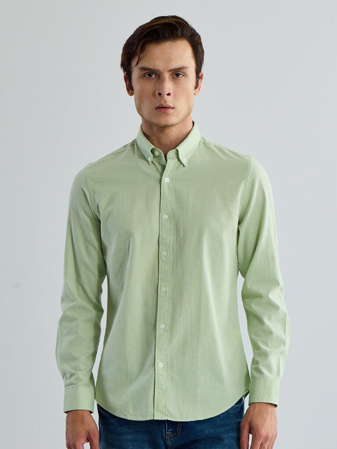 

Snitch Textured Button-Down Collar Classic Slim Fit Casual Shirt, Green