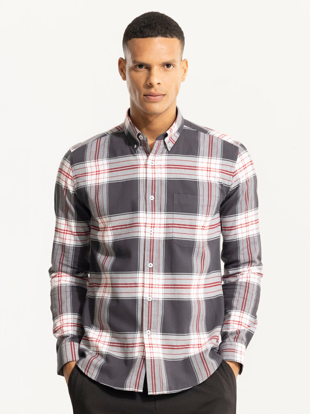 

Snitch Grey Classic Slim Fit Tartan Checked Button-Down Collar Pure Cotton Casual Shirt