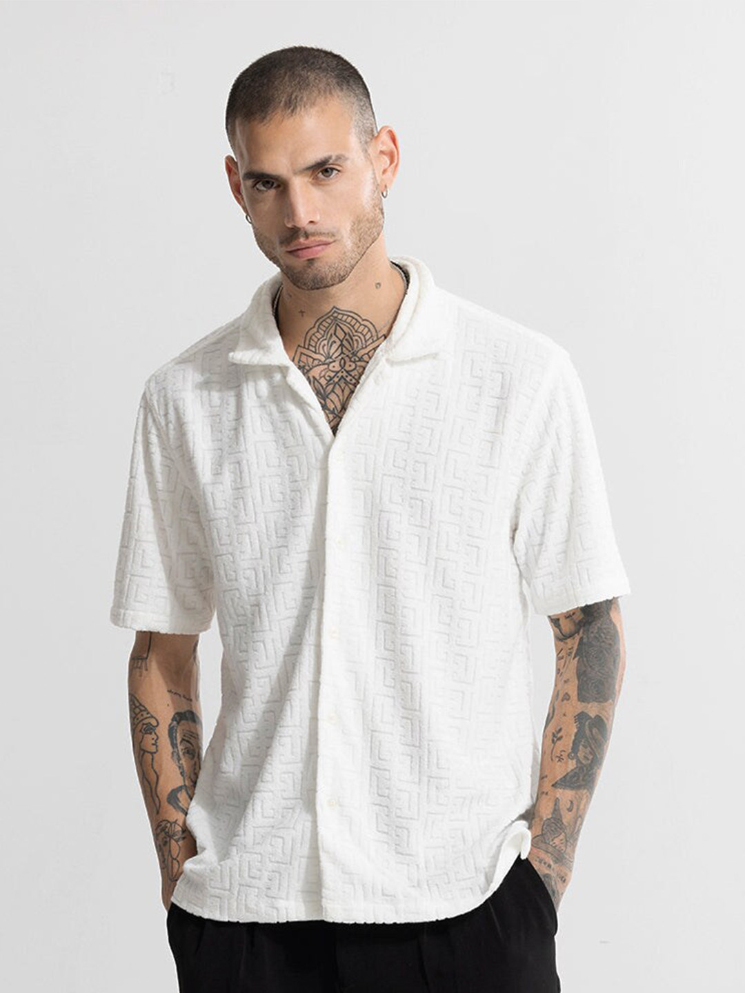

Snitch White Classic Self Designed Casual Shirt