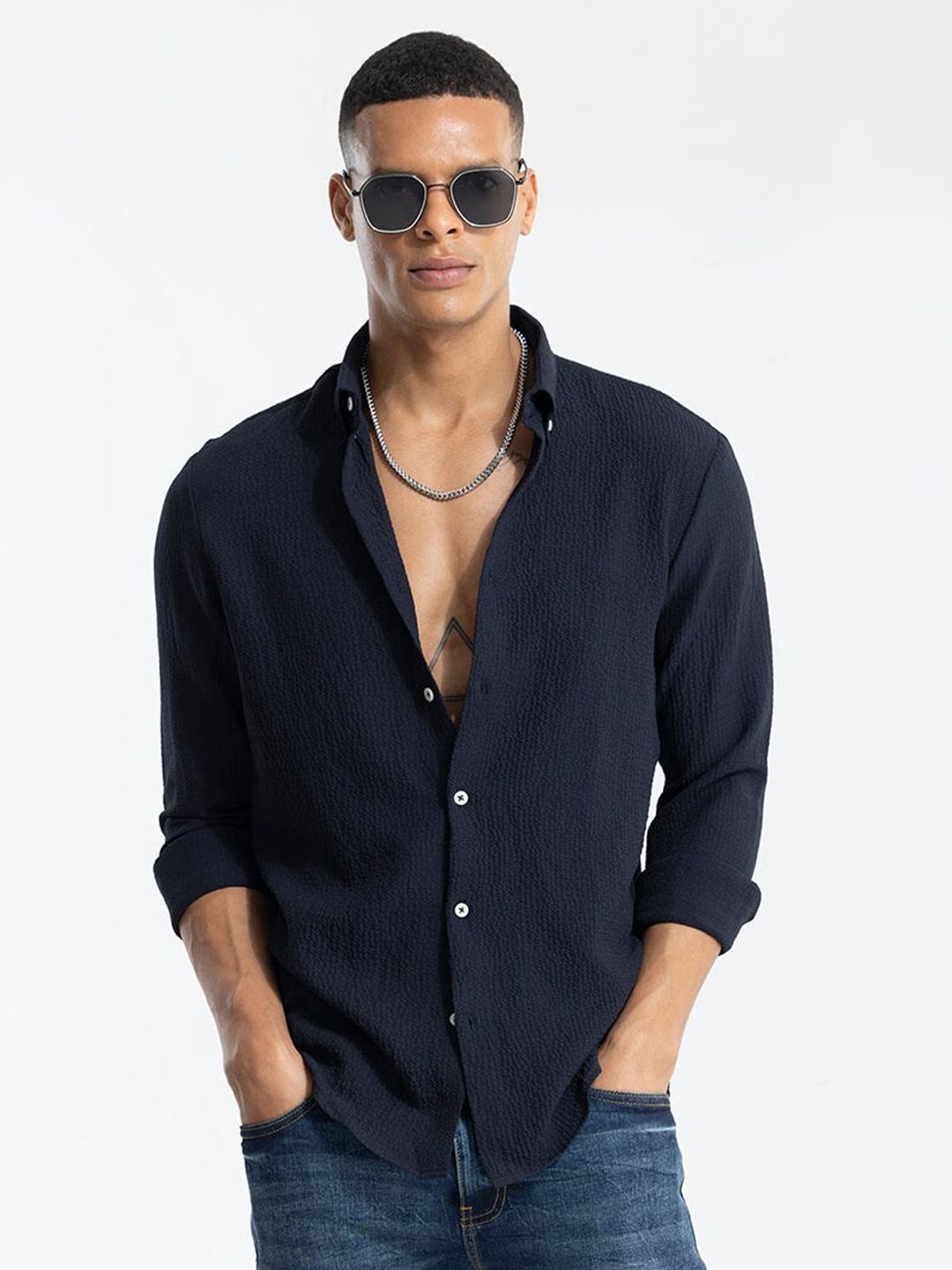 

Snitch Black Button-Down Collar Classic Casual Textured Shirt