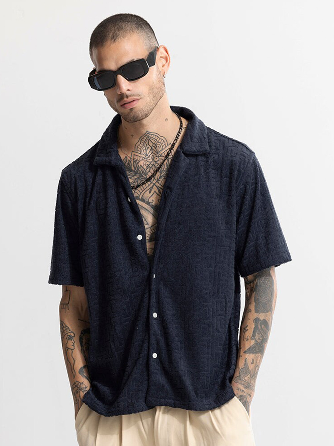 

Snitch Navy Blue Classic Self Design Oversized Casual Shirt