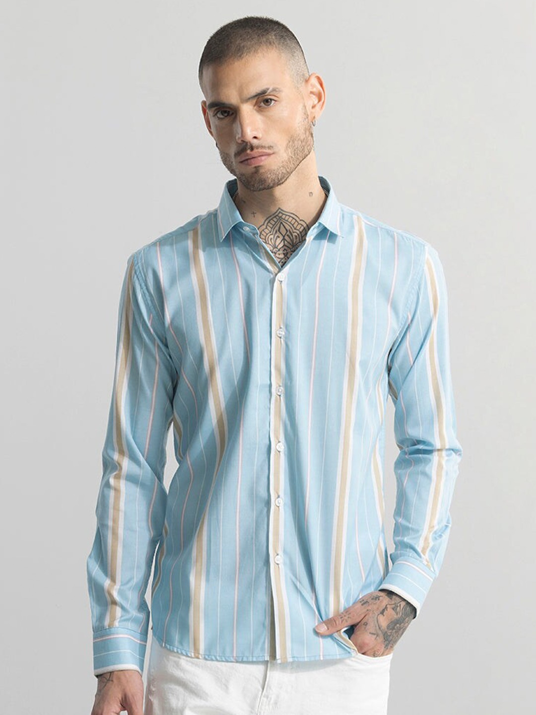 

Snitch Blue Classic Slim Fit Striped Pure Cotton Casual Shirt