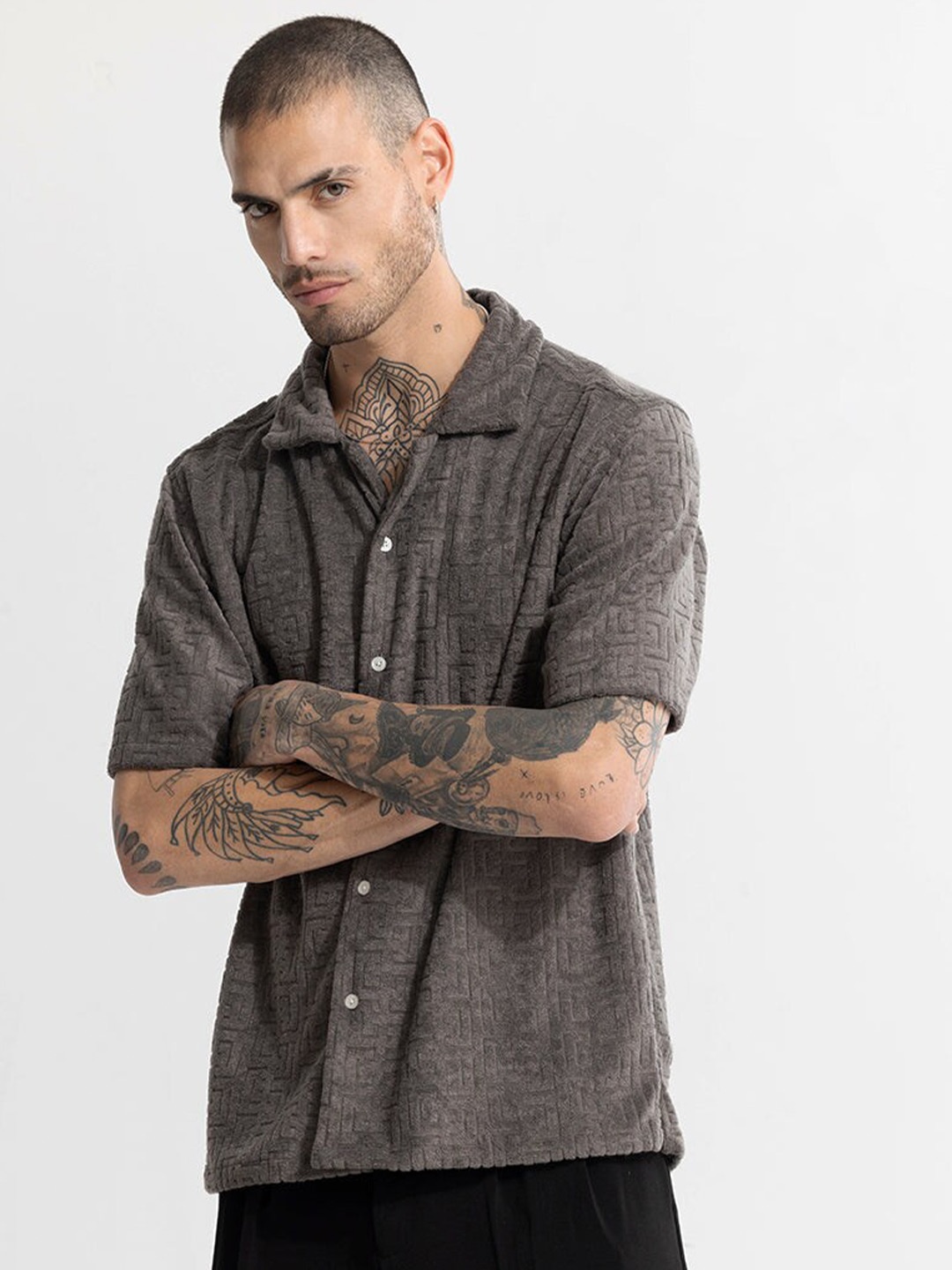 

Snitch Classic Self Designed Cuban Collar Casual Oversized Shirt, Grey