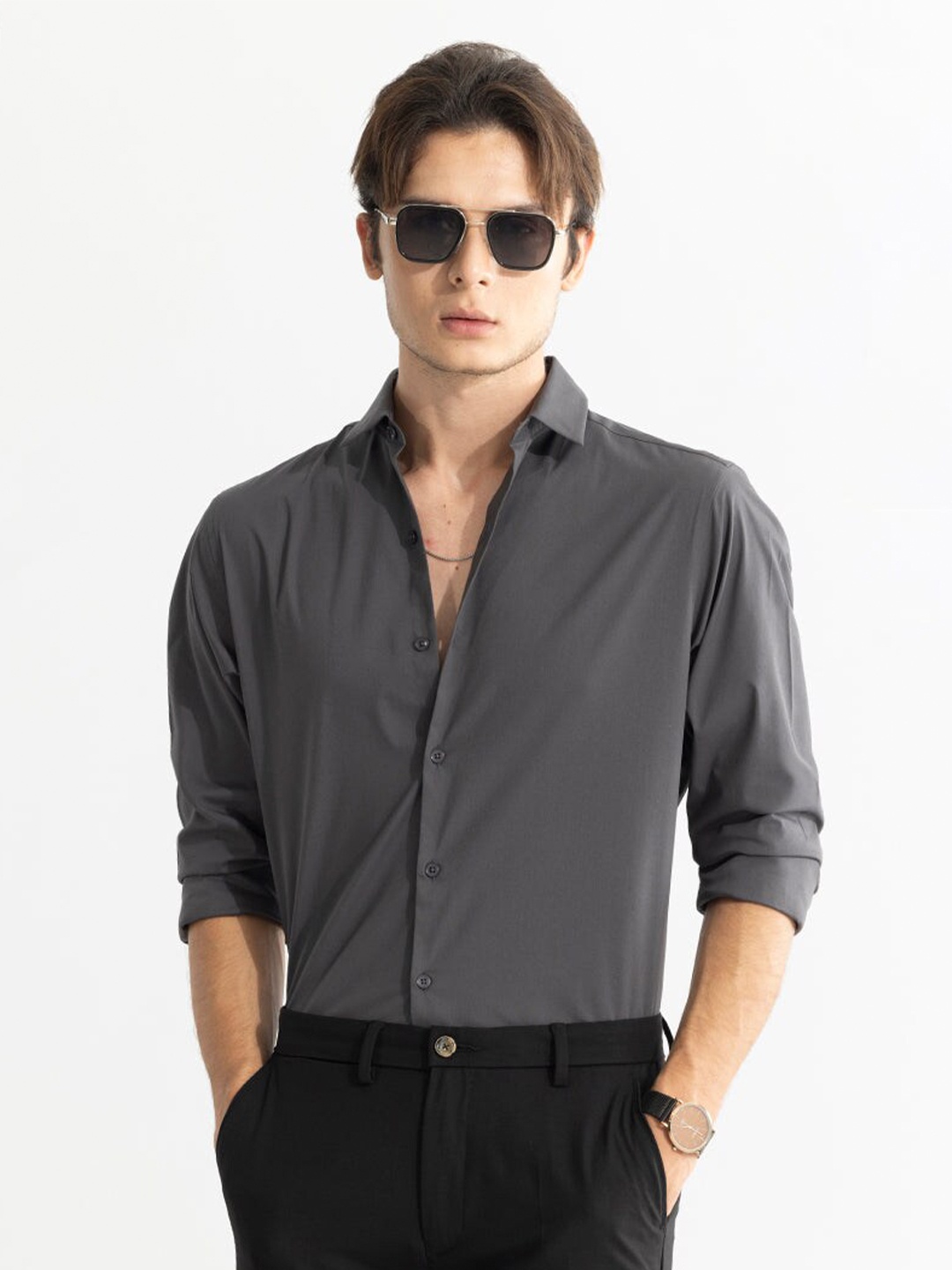 

Snitch Grey Classic Slim Fit Spread Collar Long Sleeve Cotton Casual Shirt