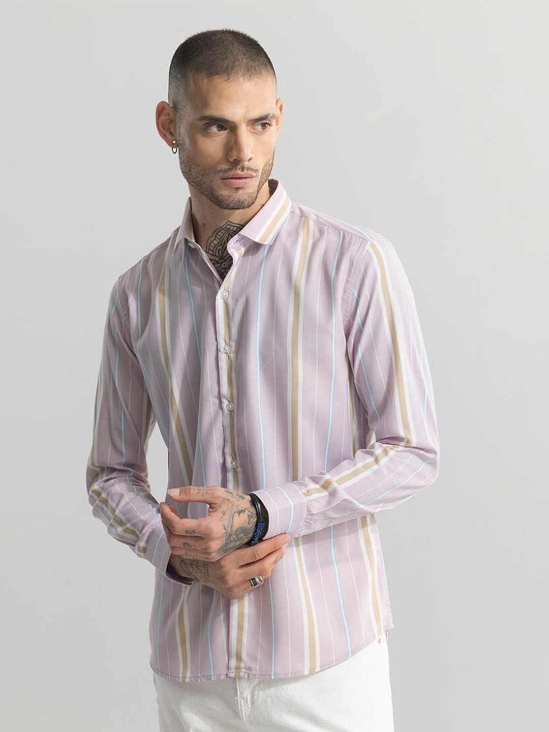 

Snitch Purple Classic Slim Fit Vertical Striped Pure Cotton Casual Shirt