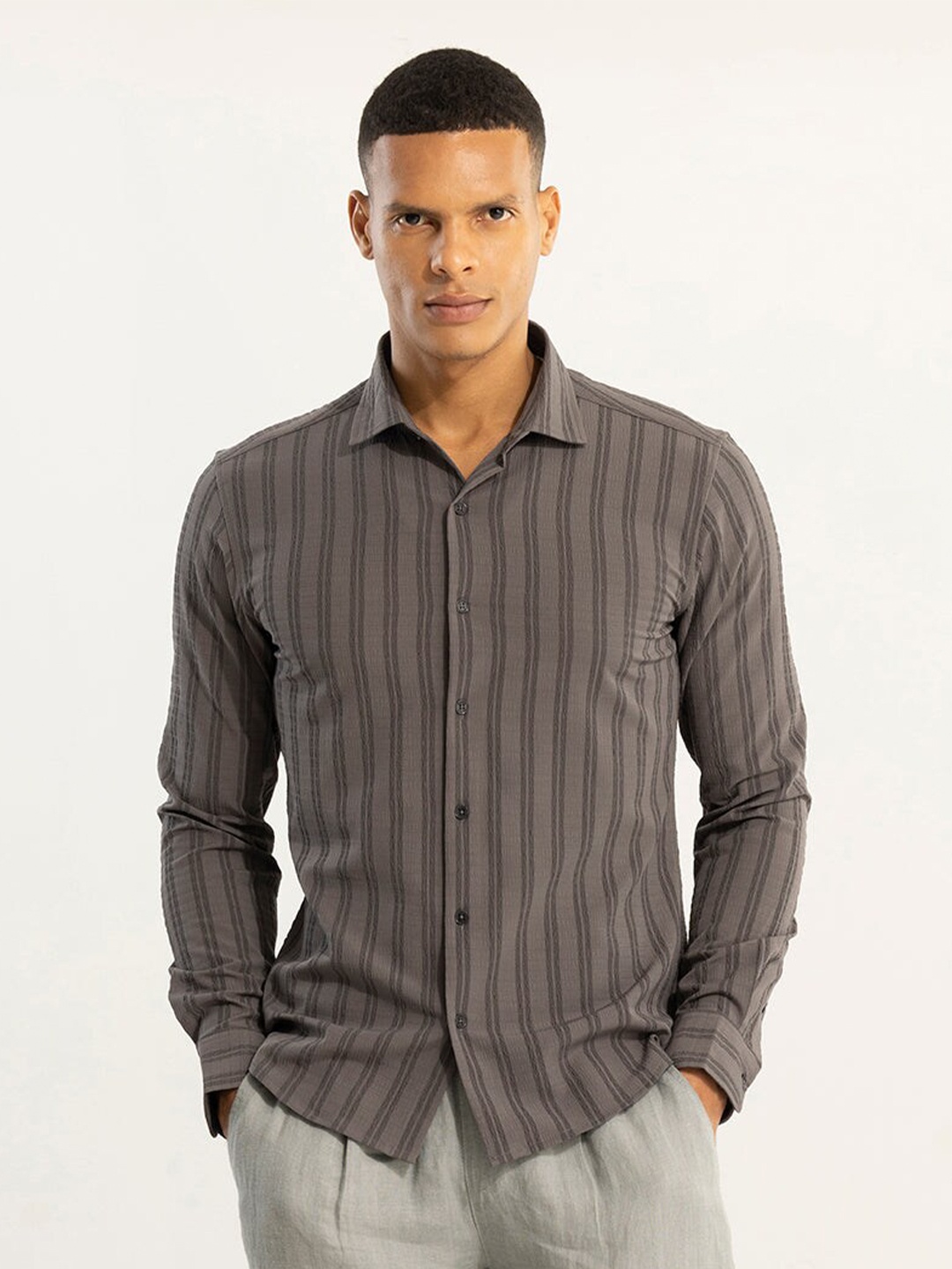 

Snitch Grey Classic Slim Fit Striped Casual Shirt