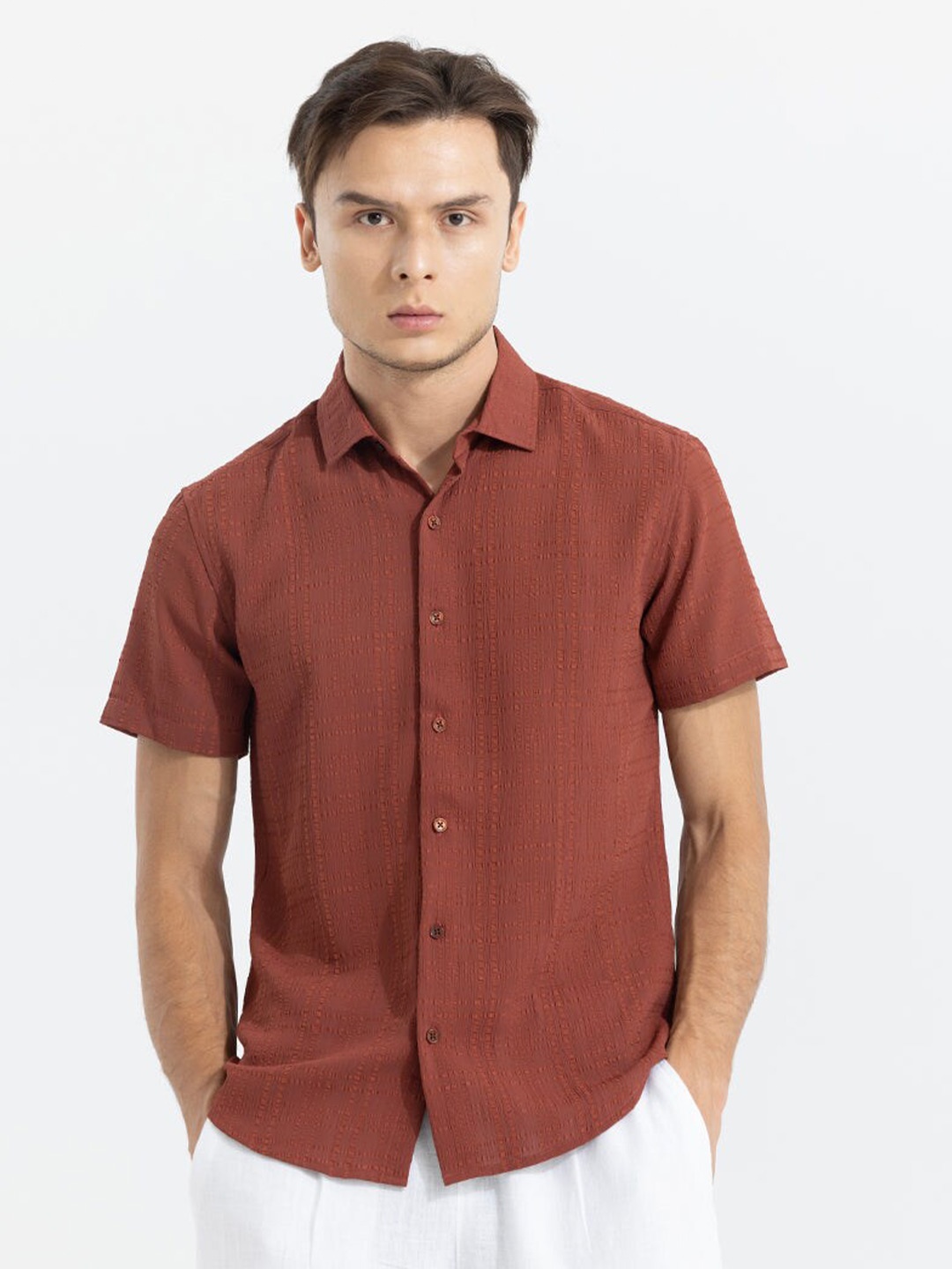 

Snitch Red Self Design Classic Slim Fit Cotton Casual Shirt, Rust