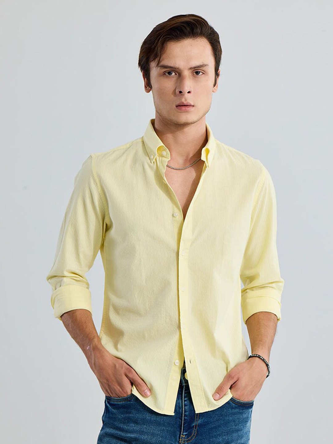 

Snitch Yellow Classic Slim Fit Button-Down Collar Pure Cotton Casual Shirt