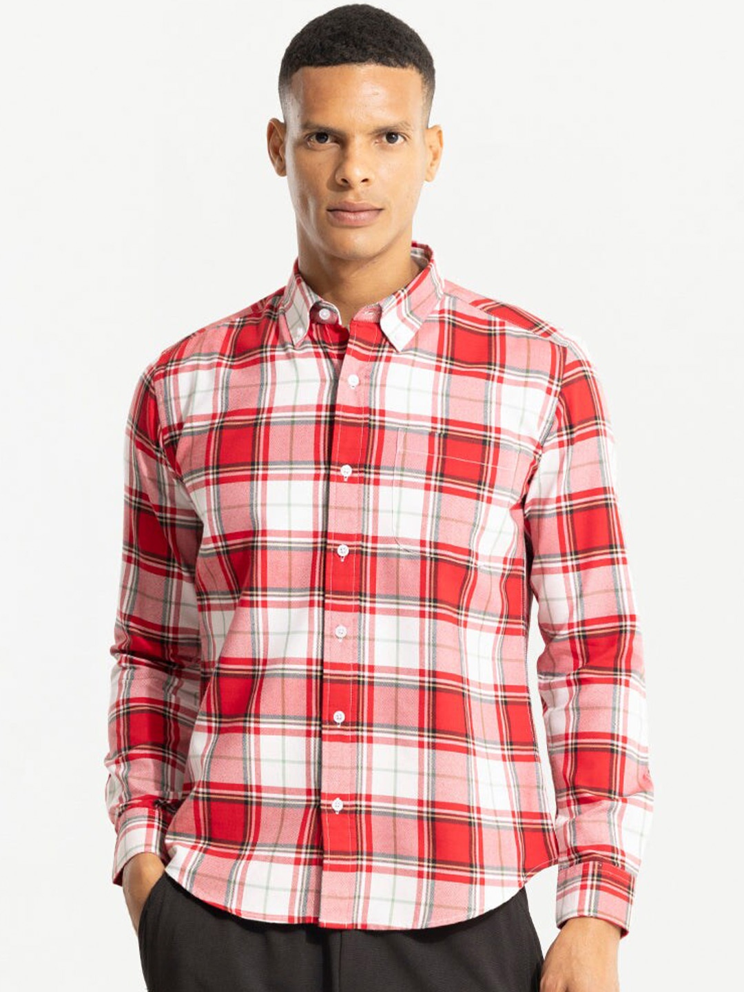 

Snitch Red Classic Slim Fit Tartan Checked Pure Cotton Casual Shirt