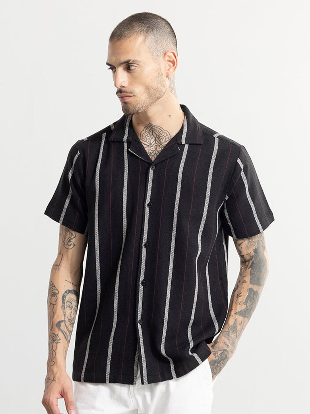 

Snitch Black Classic Boxy Vertical Striped Pure Cotton Casual Shirt