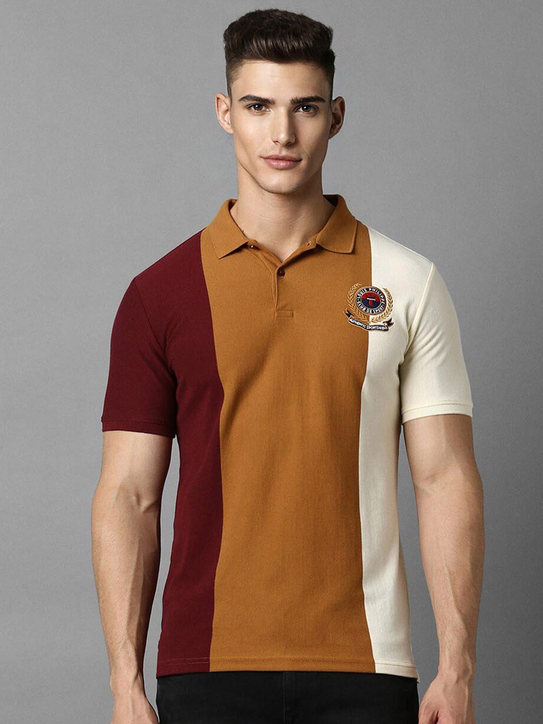 

Louis Philippe Sport Colourblocked Polo Collar Slim Fit Pure Cotton T-shirt, Brown