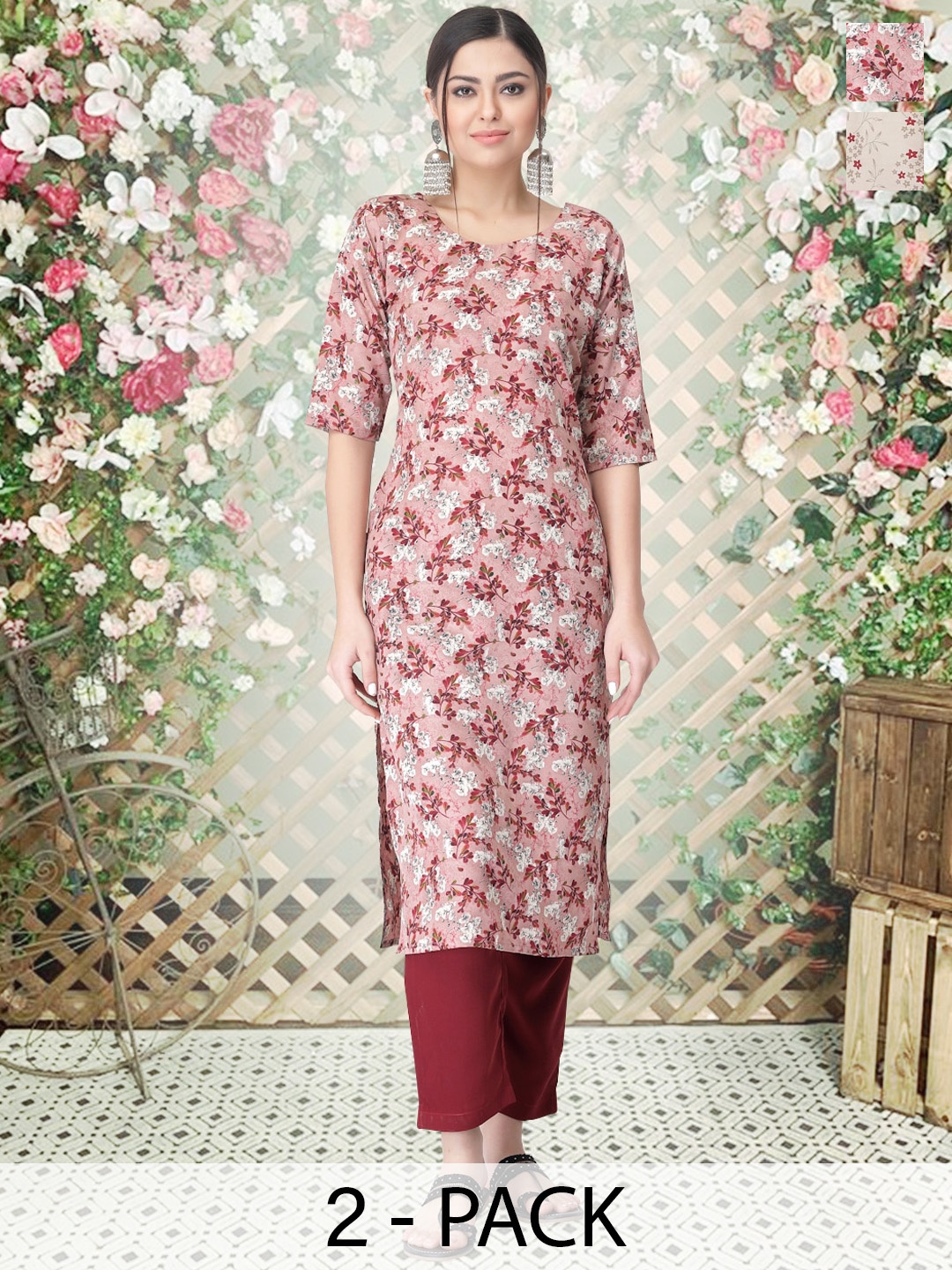 

arangya Selection Of 2 Ethnic Motifs Printed Straight Kurta with Trousers, Beige