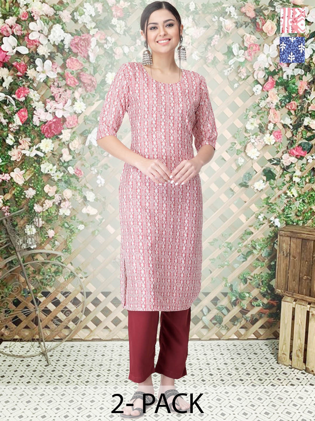 

arangya Selection Of 2 Ethnic Motif Printed Regular Straight Kurta with Trousers, Pink