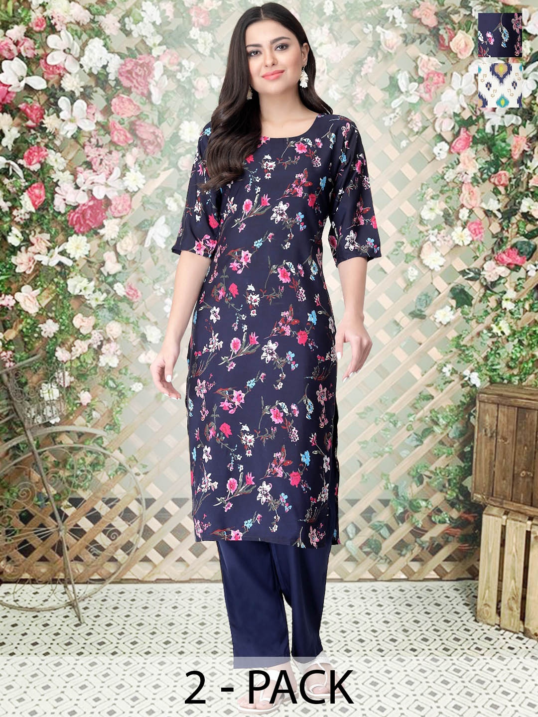 

arangya Selection Of 2 Printed Straight Kurta with Trousers, Blue