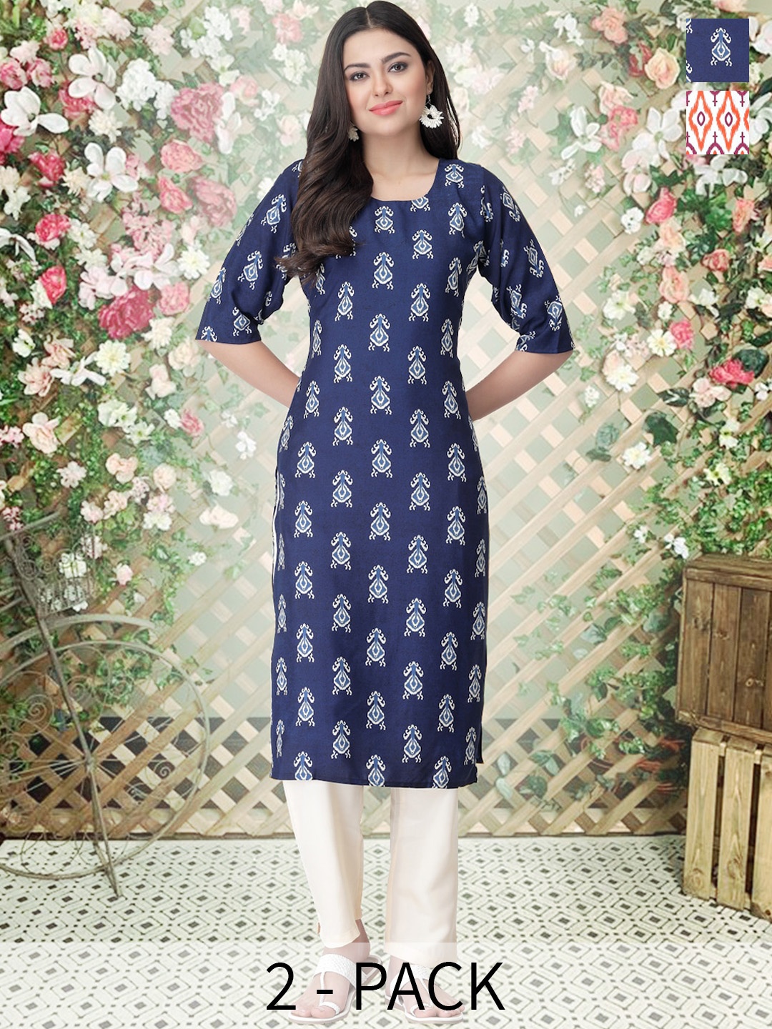 

arangya Selection Of 2 Ethnic Motif Printed Regular Straight Kurta with Trousers, Navy blue