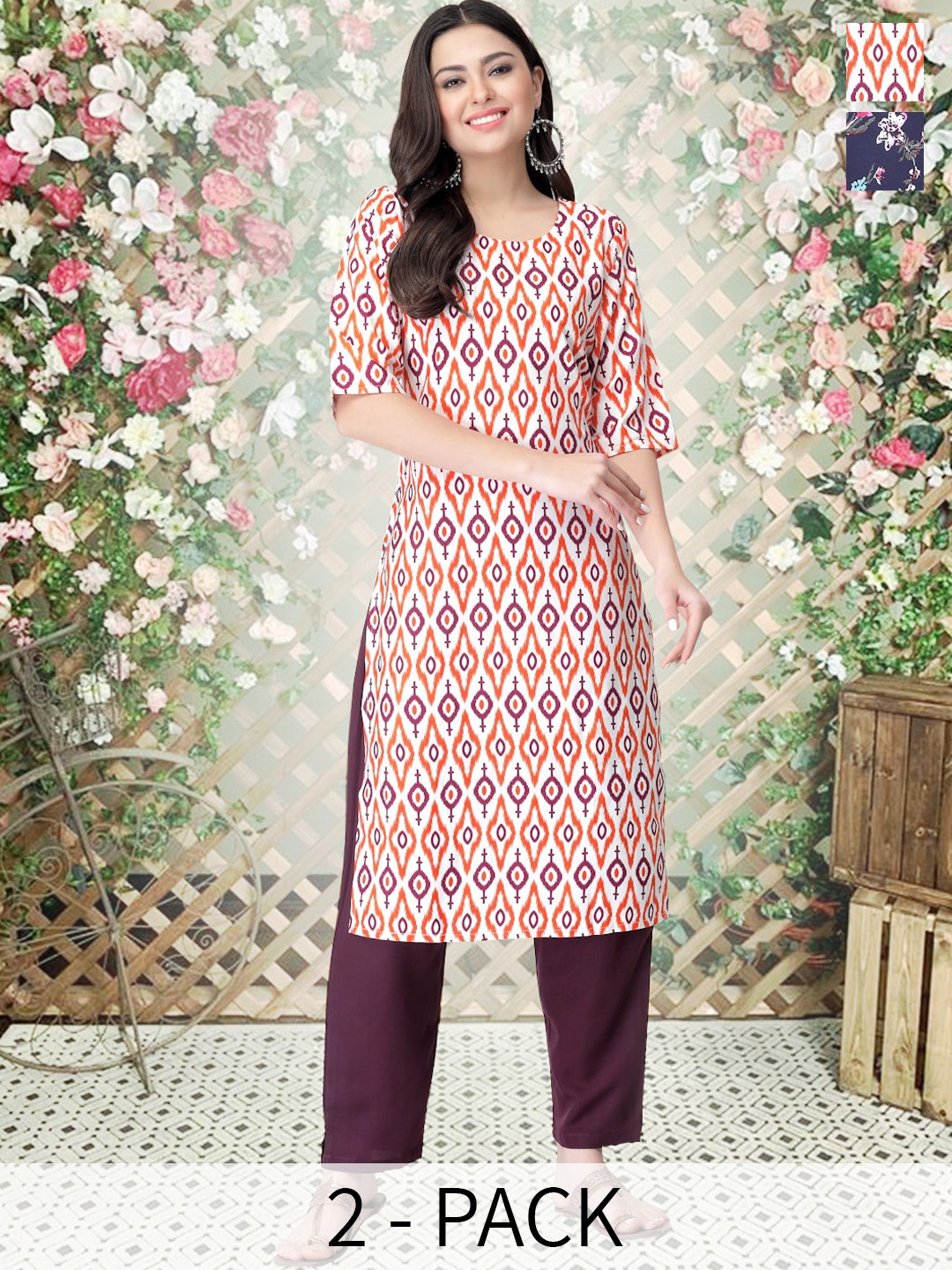 

arangya Selection Of 2 Ethnic Motifs Printed Straight Kurta with Trousers, White