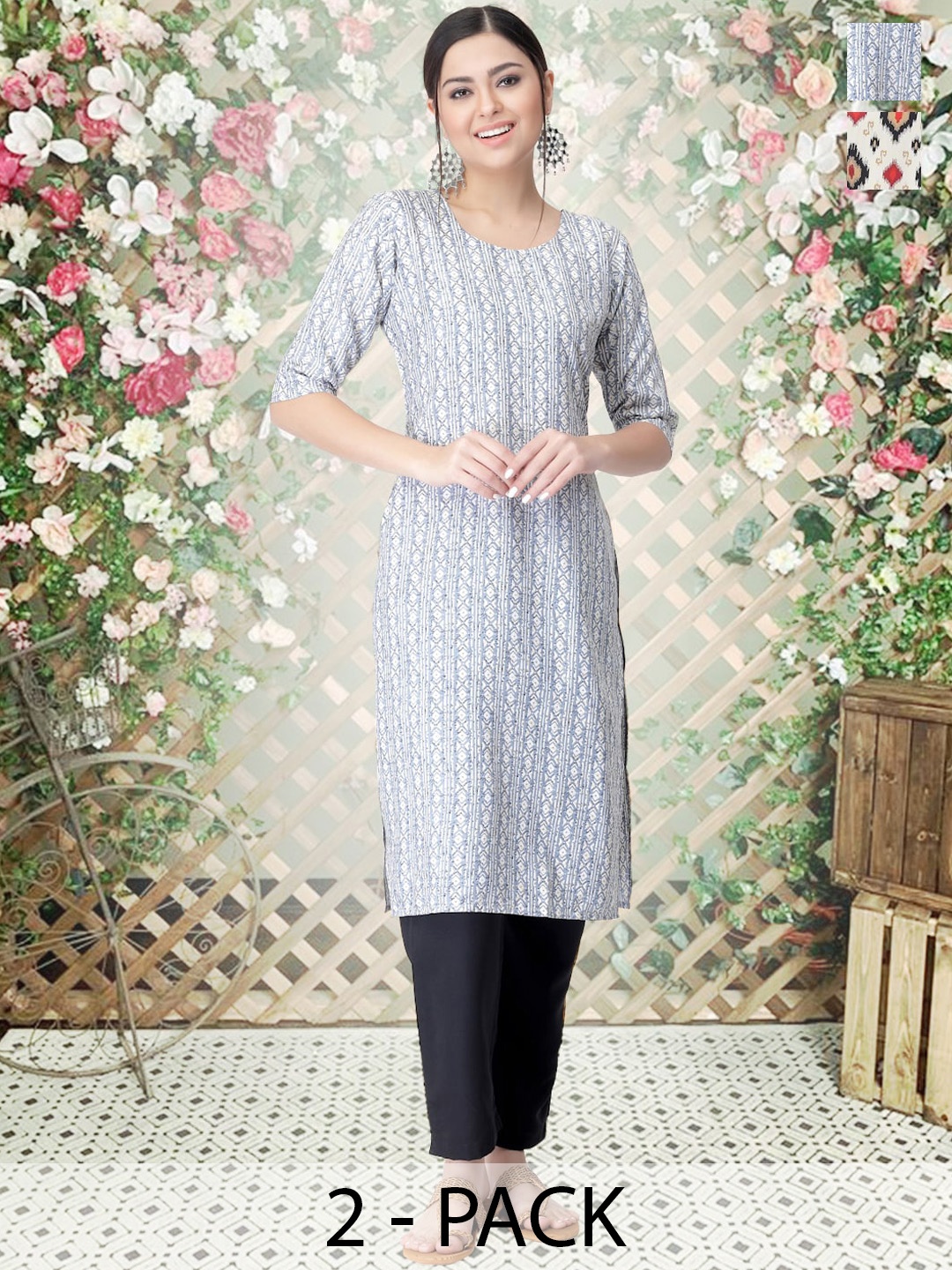 

arangya Selection Of 2 Ethnic Motifs Printed Straight Kurta with Trousers, White