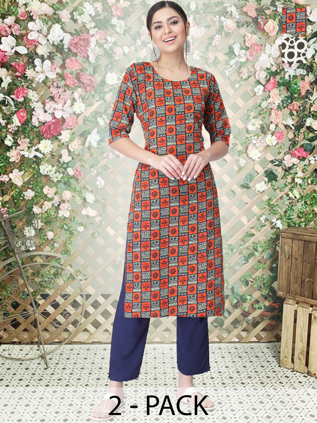 

arangya Selection Of 2 Ethnic Motifs Printed Regular Kurta with Trousers, Blue