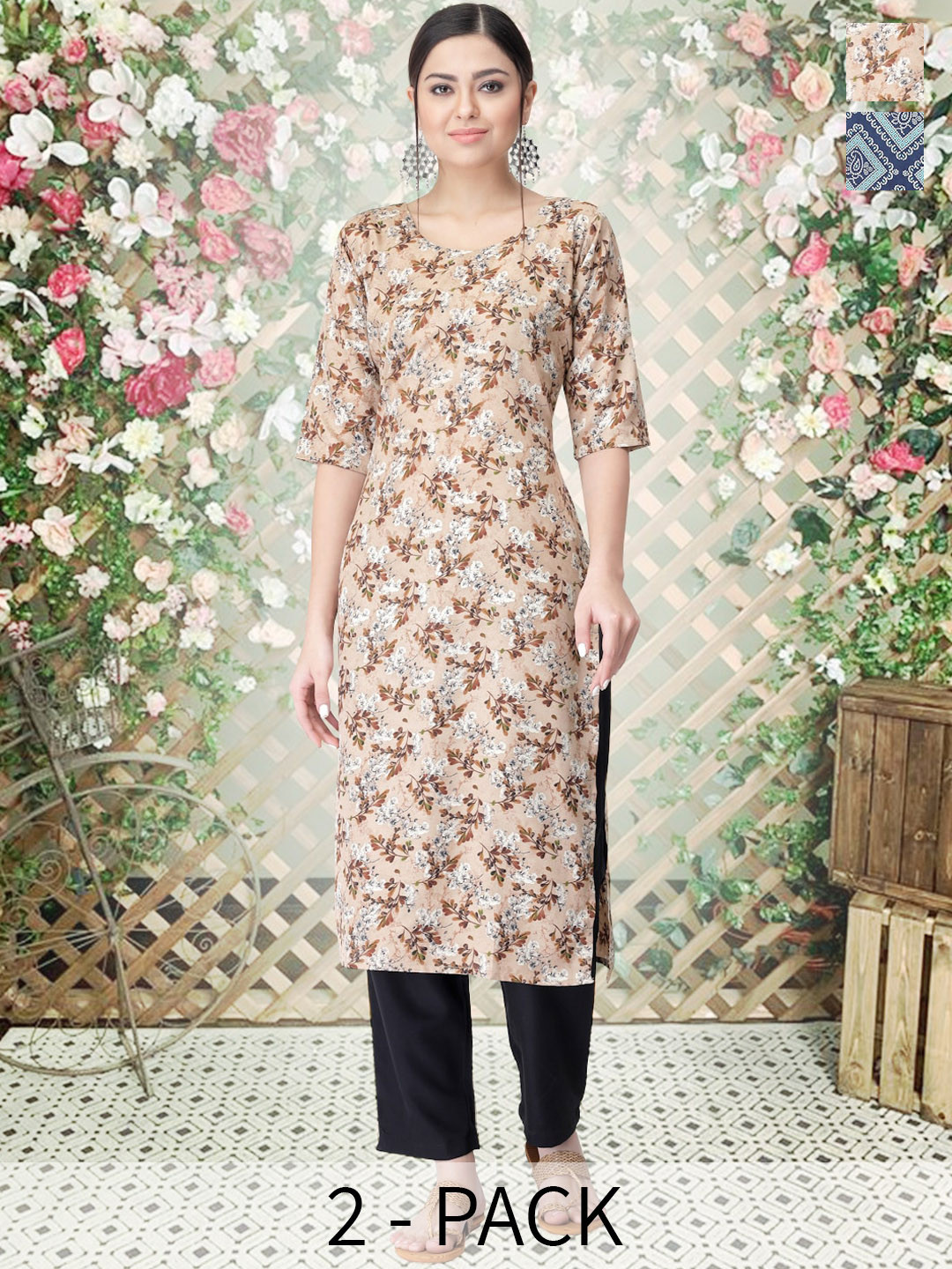 

arangya Selection Of 2 Ethnic Motifs Printed Straight Kurta with Trousers, Beige