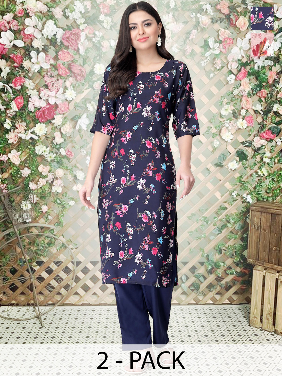 

arangya Selection Of 2 Ethnic Motif Printed Regular Straight Kurta with Trousers, Navy blue