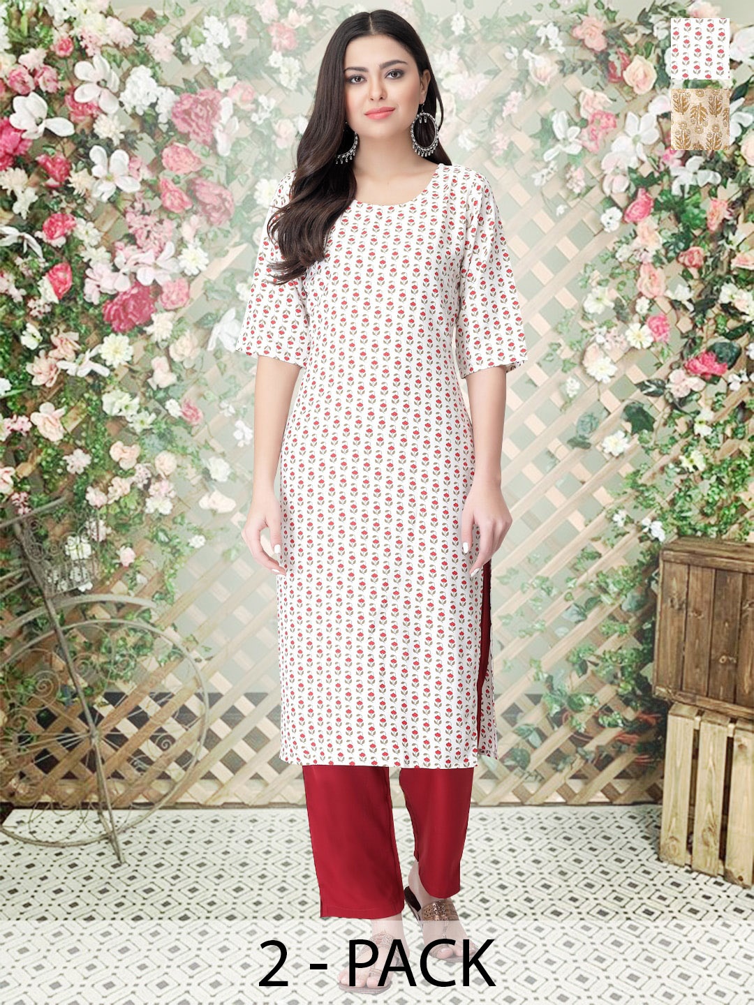 

arangya Selection Of 2 Ethnic Motifs Printed Straight Kurta with Trousers, White
