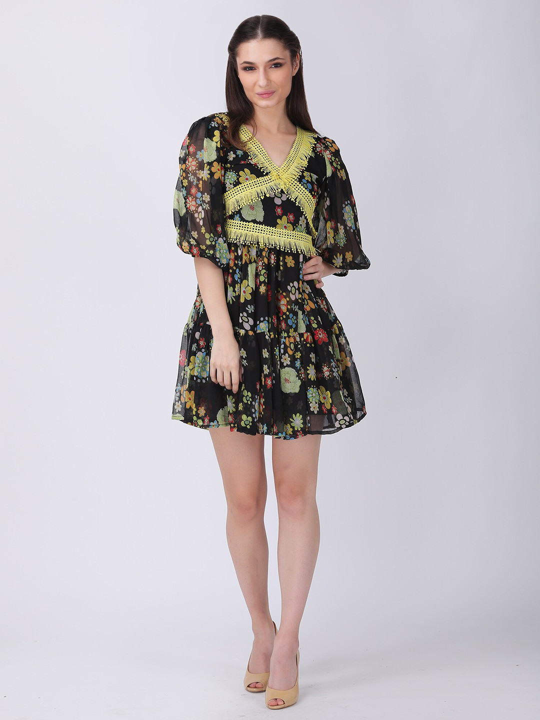 

TSM Black Floral Printed Puff Sleeve Lace Inserted Fit & Flare Mini Dress