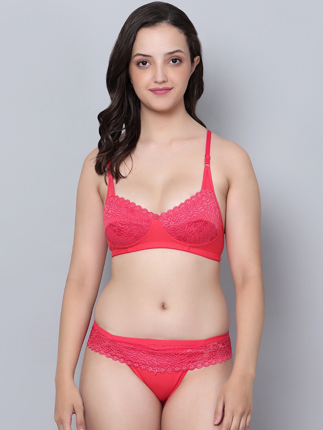 

Aimly Self-Design Non-Wired Non Padded Mid-Rise Cotton Lace Lingerie Set, Pink