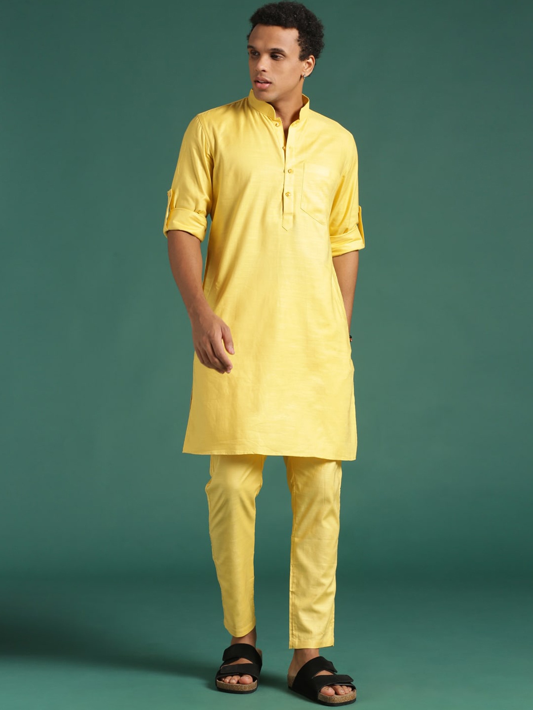 

Sangria Yellow Mandarin Collar Roll-Up Sleeves Straight Kurta With Trouser