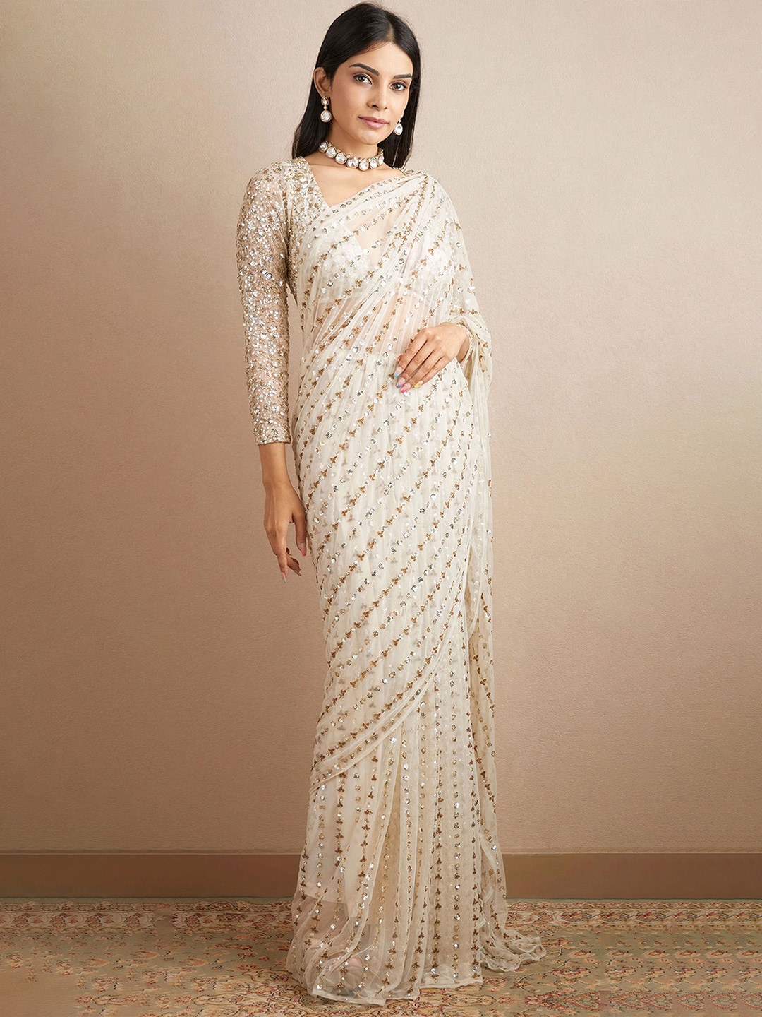 

Sangria Georgette Ethnic Embellished Party Wear Saree, Off white