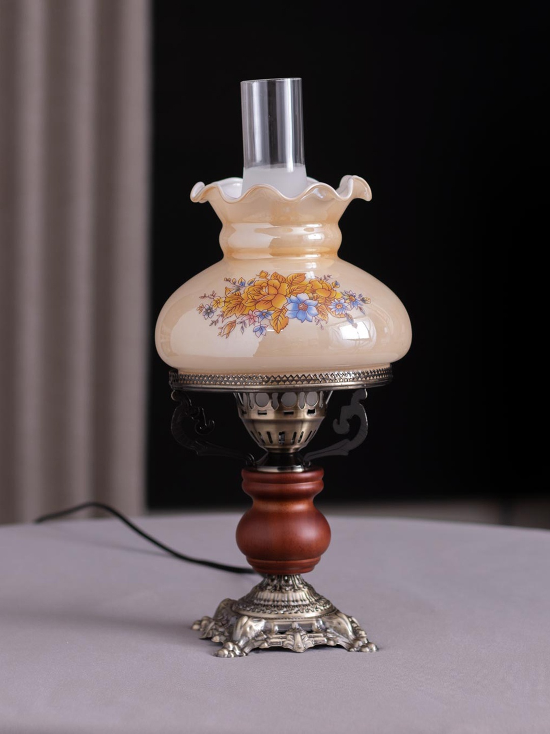 

THEDECORKART Beige & Orange Flower Design Printed Glass Table Lamps