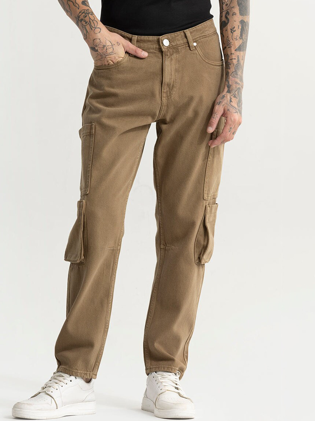 

Snitch Men Brown Baggy Fit Pure Cotton Cargo Jeans