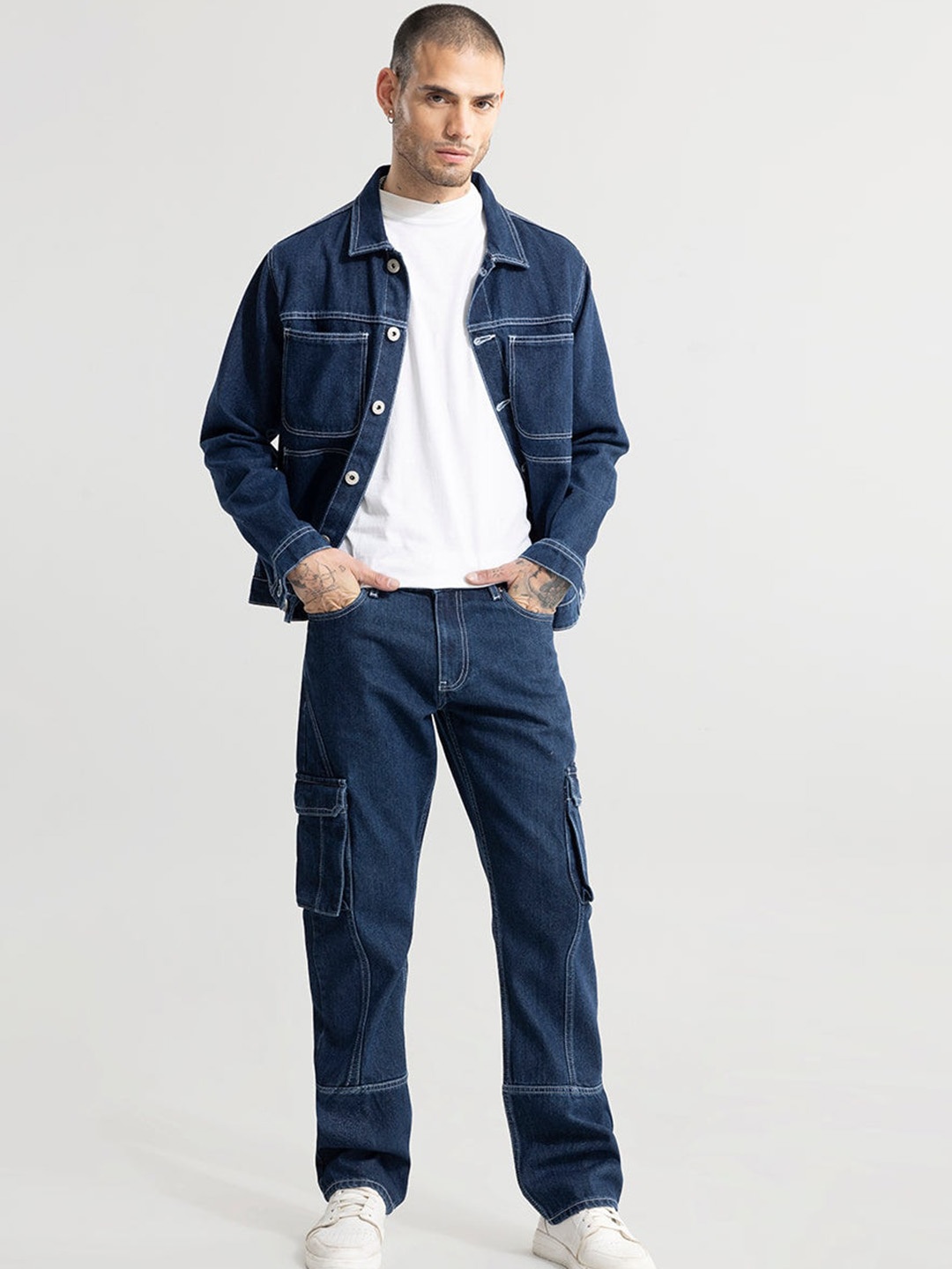 

Snitch Men Straight Fit Clean Look Cotton Denim Cargo, Blue