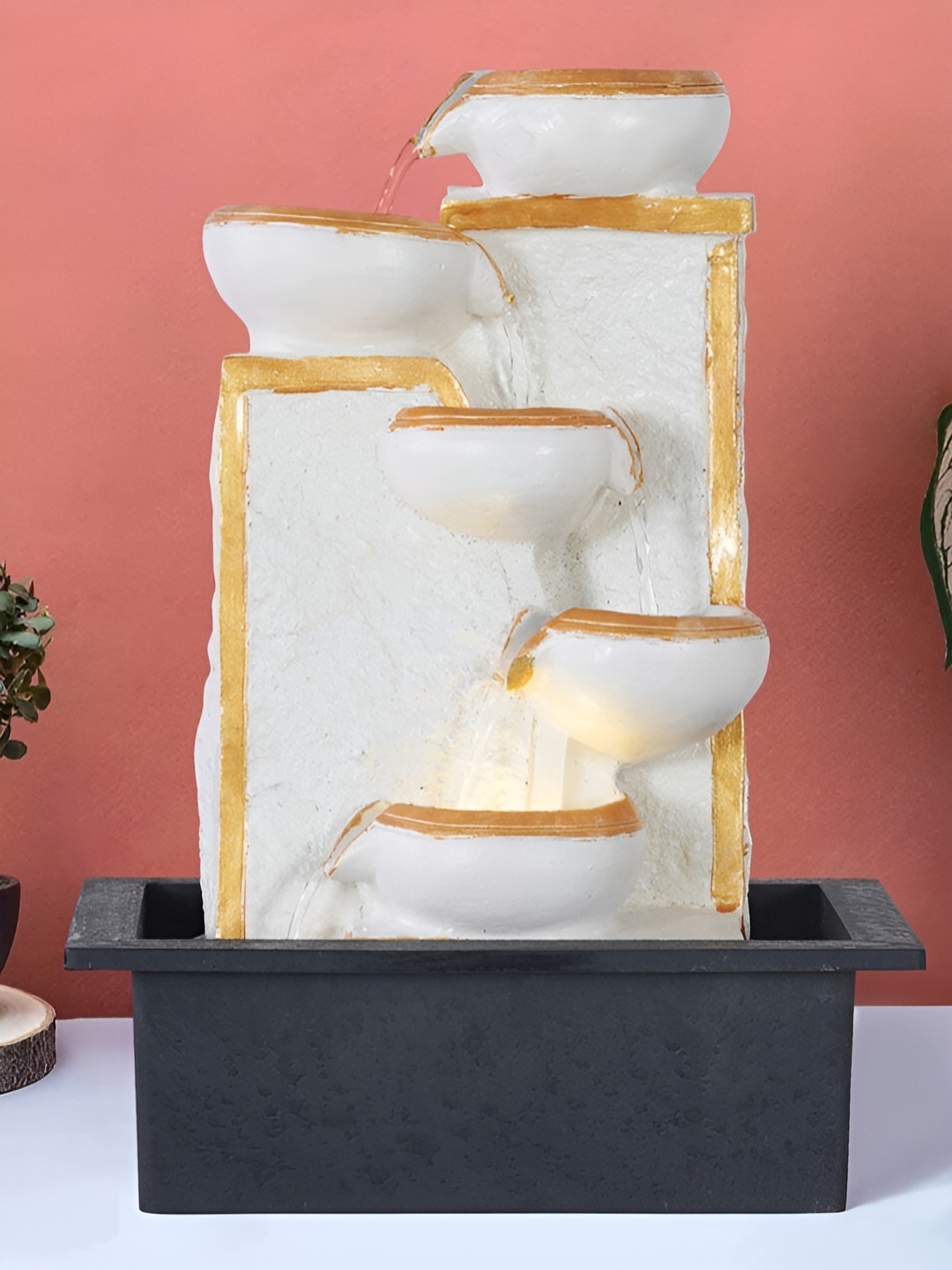 

Heritage India White 5-Tier Diya Design Waterfall Fountain, Gold