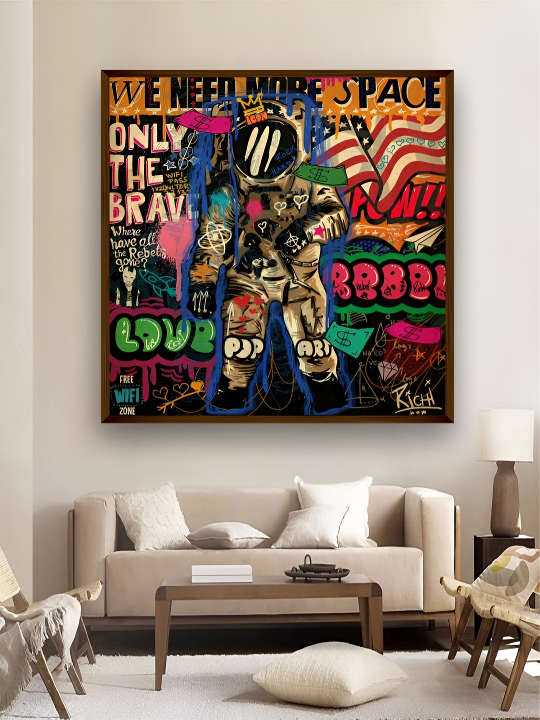 

Artsense Green & Pink Canvas Astronaut Graphiti Painting Wall Art