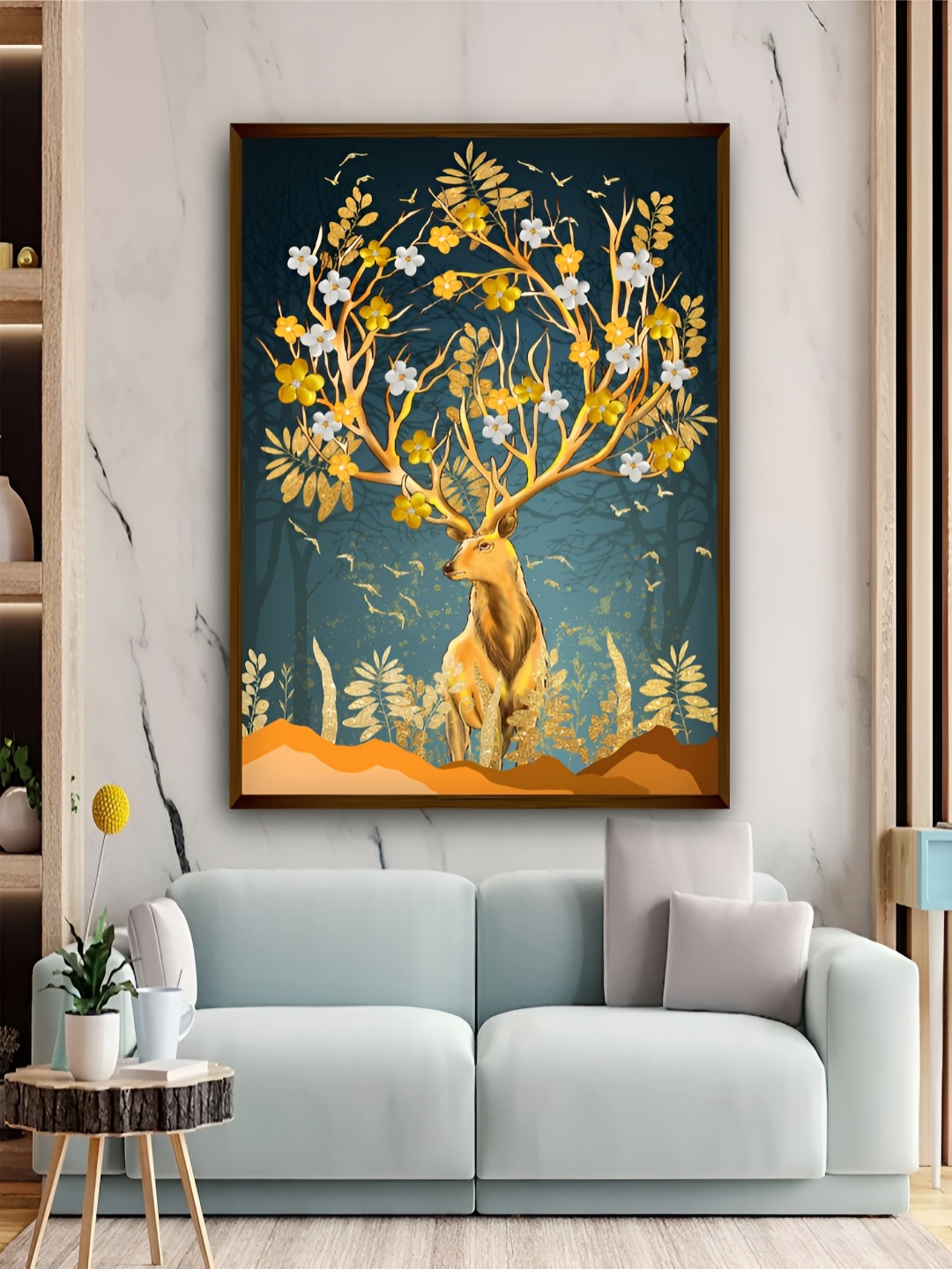 

Artsense Yellow & Blue Deer & Flowers Canvas Painting Wall Art