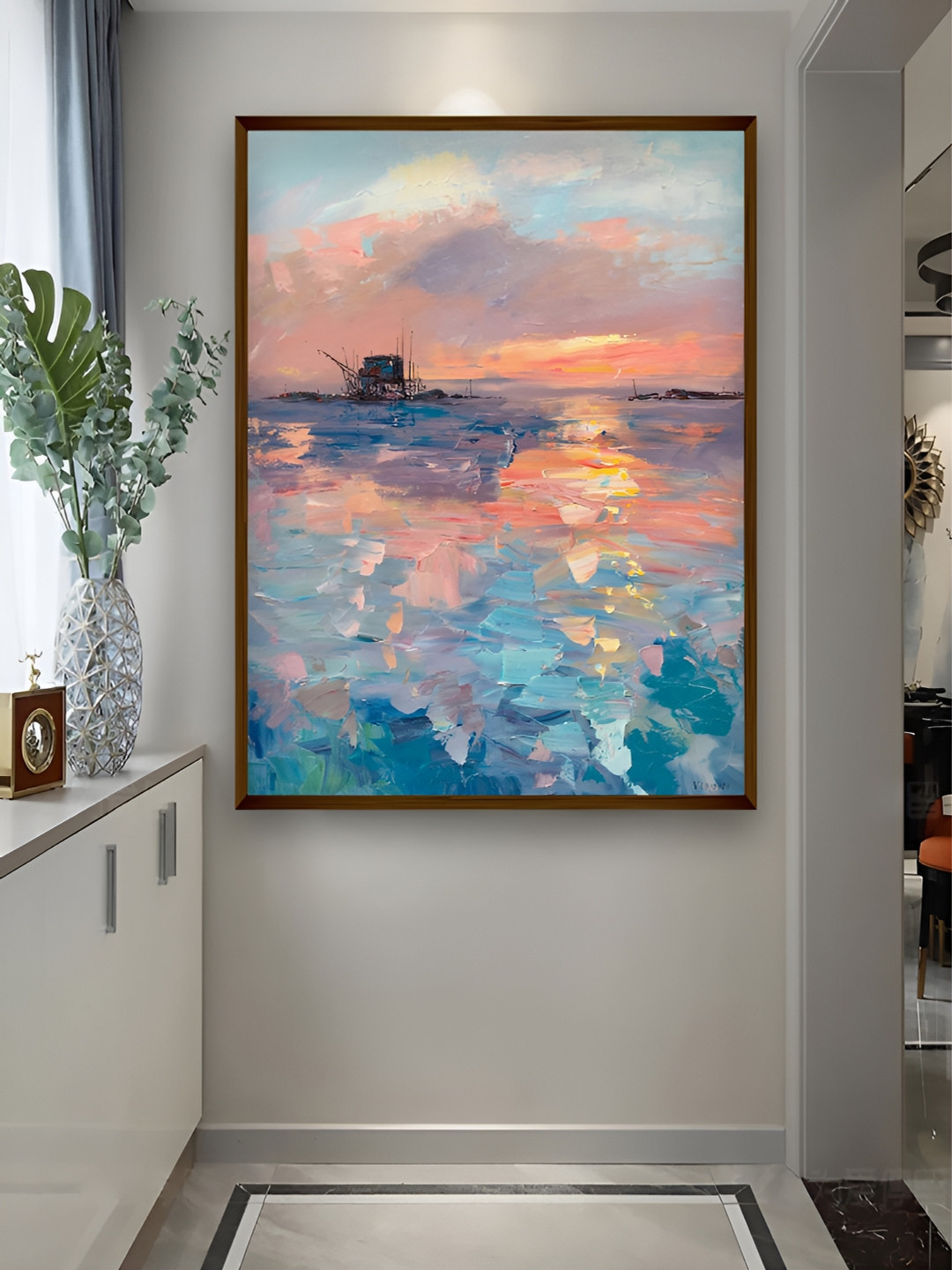 

Artsense Blue & Orange Sunset in Sea Framed Canvas Painting Wall Art