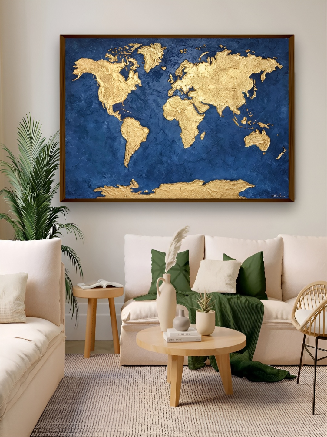 

Artsense Blue & Beige World Map Framed Canvas Painting Wall Art