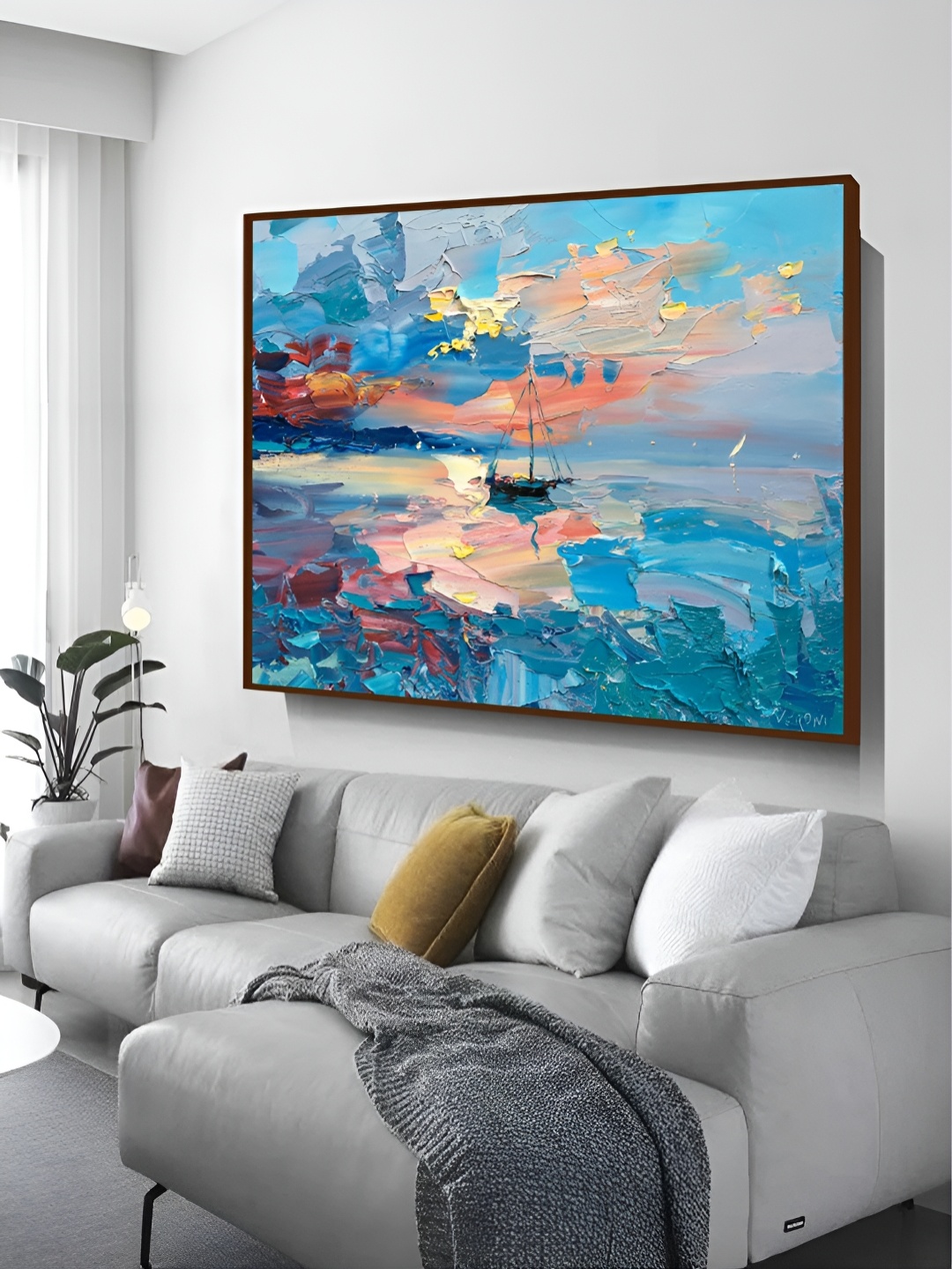 

Artsense Blue & Pink Sunset in Sea Abstract Framed Canvas Painting Wall Art