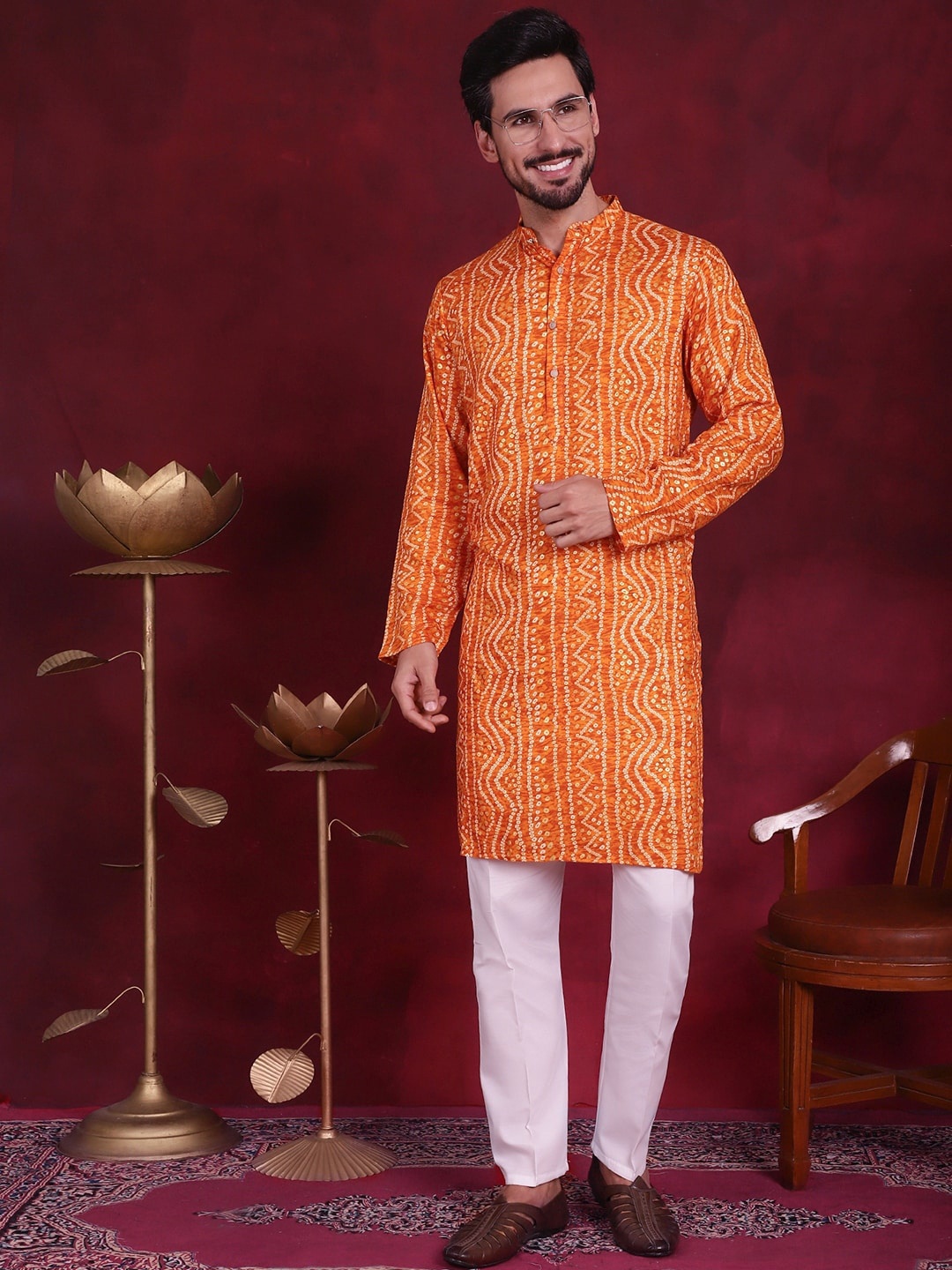 

Jompers Bandhani Printed Band Collar Long Sleeve Regular Kurta With Pyjama, Orange