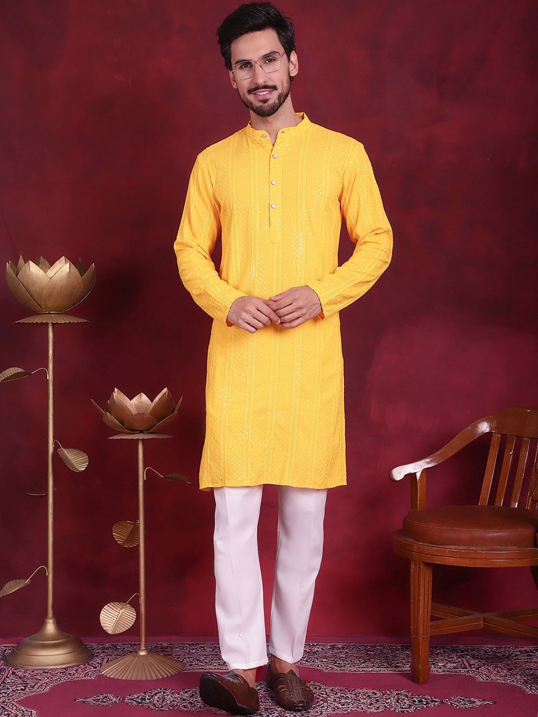 

Jompers Ethnic Motifs Embroidered Mandarin Collar Chikankari Straight Kurta with Trousers, Yellow