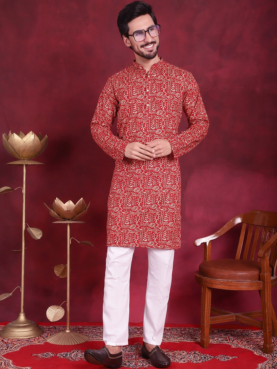

Jompers Ethnic Motifs Printed Kurta With Trouser, Red