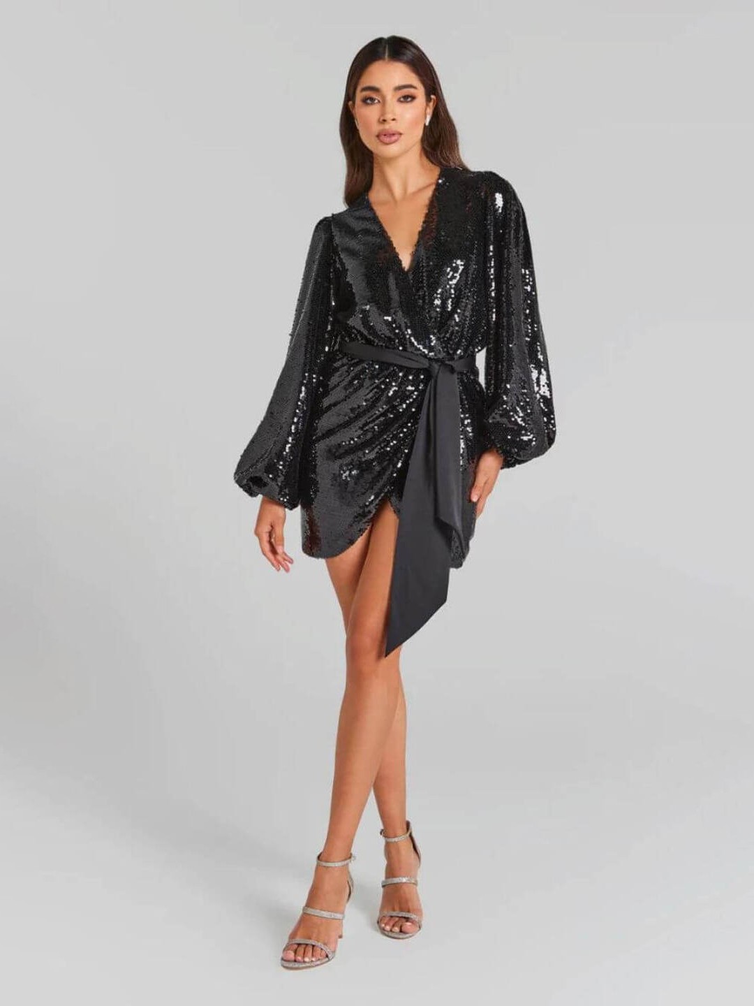 

FancyPants Embellished V-Neck Wrap Mini Dress, Black