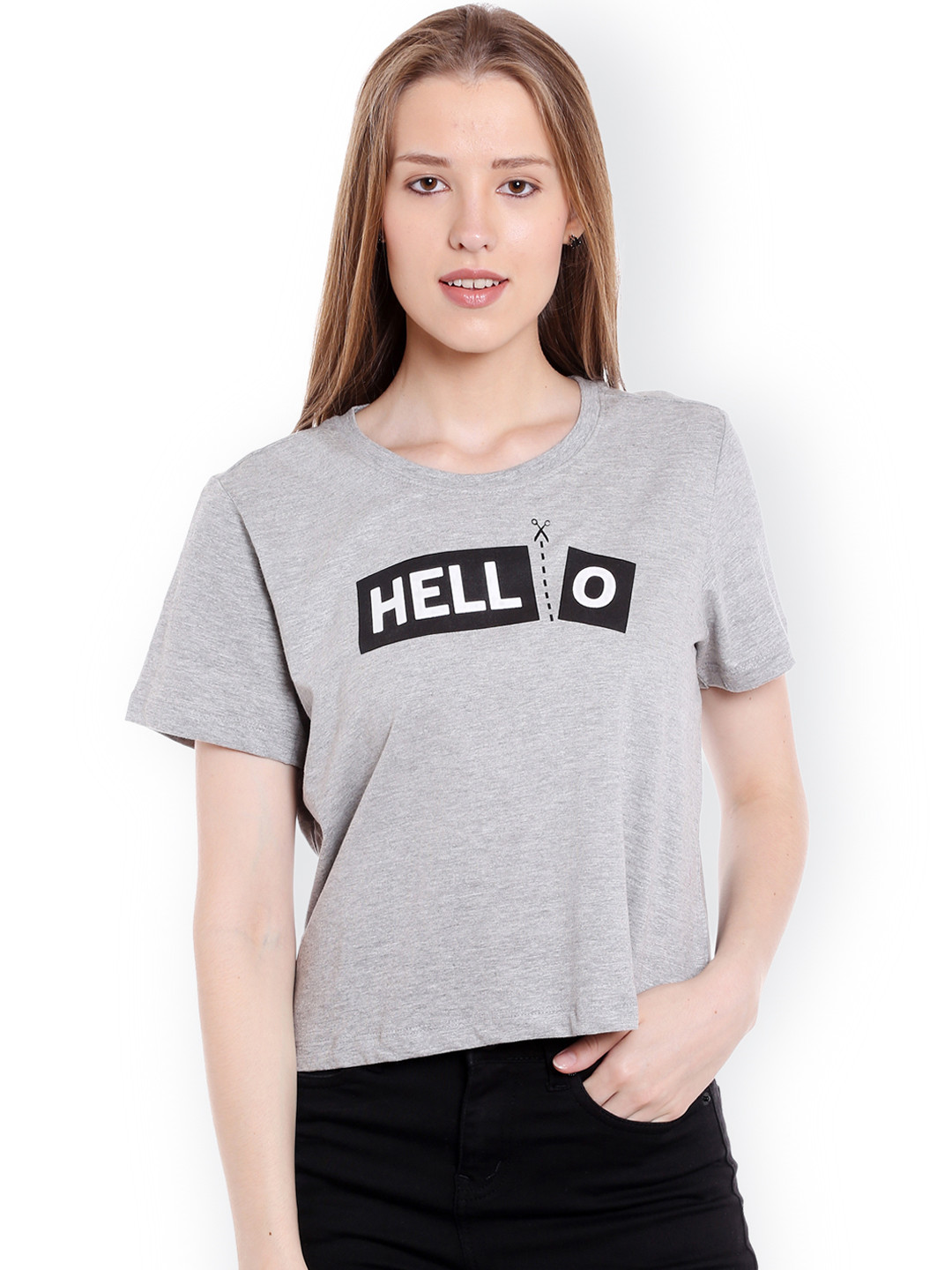 

Globus Women Grey Melange Printed Round Neck T-shirt