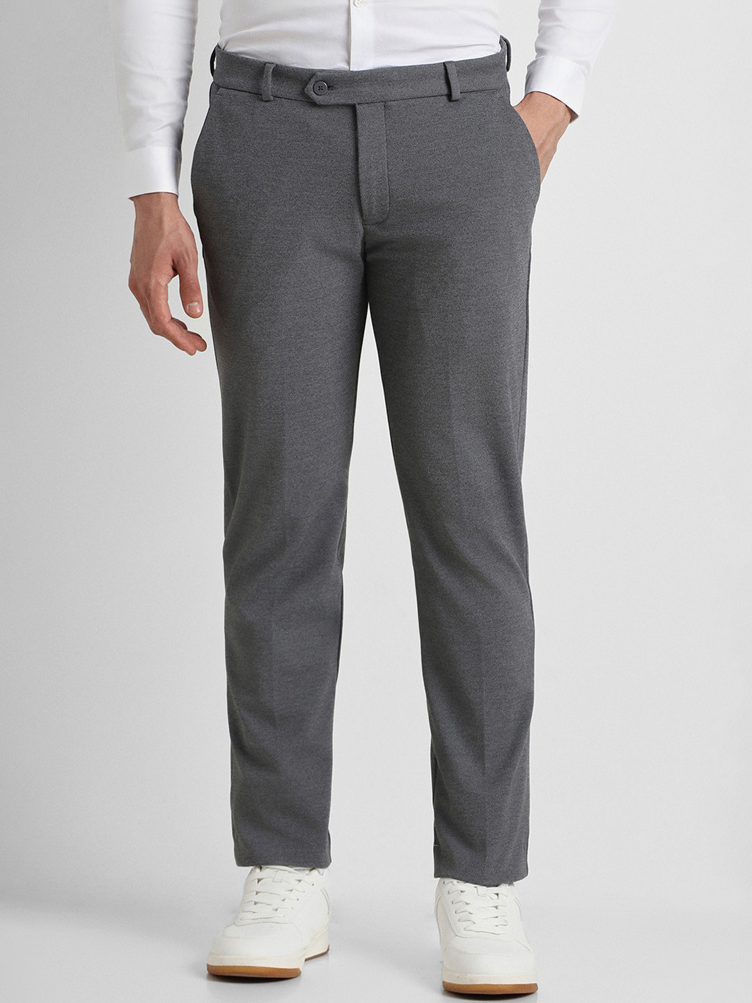 

Peter England Men Slim Fit Mid-Rise Textured Formal Trousers, Grey