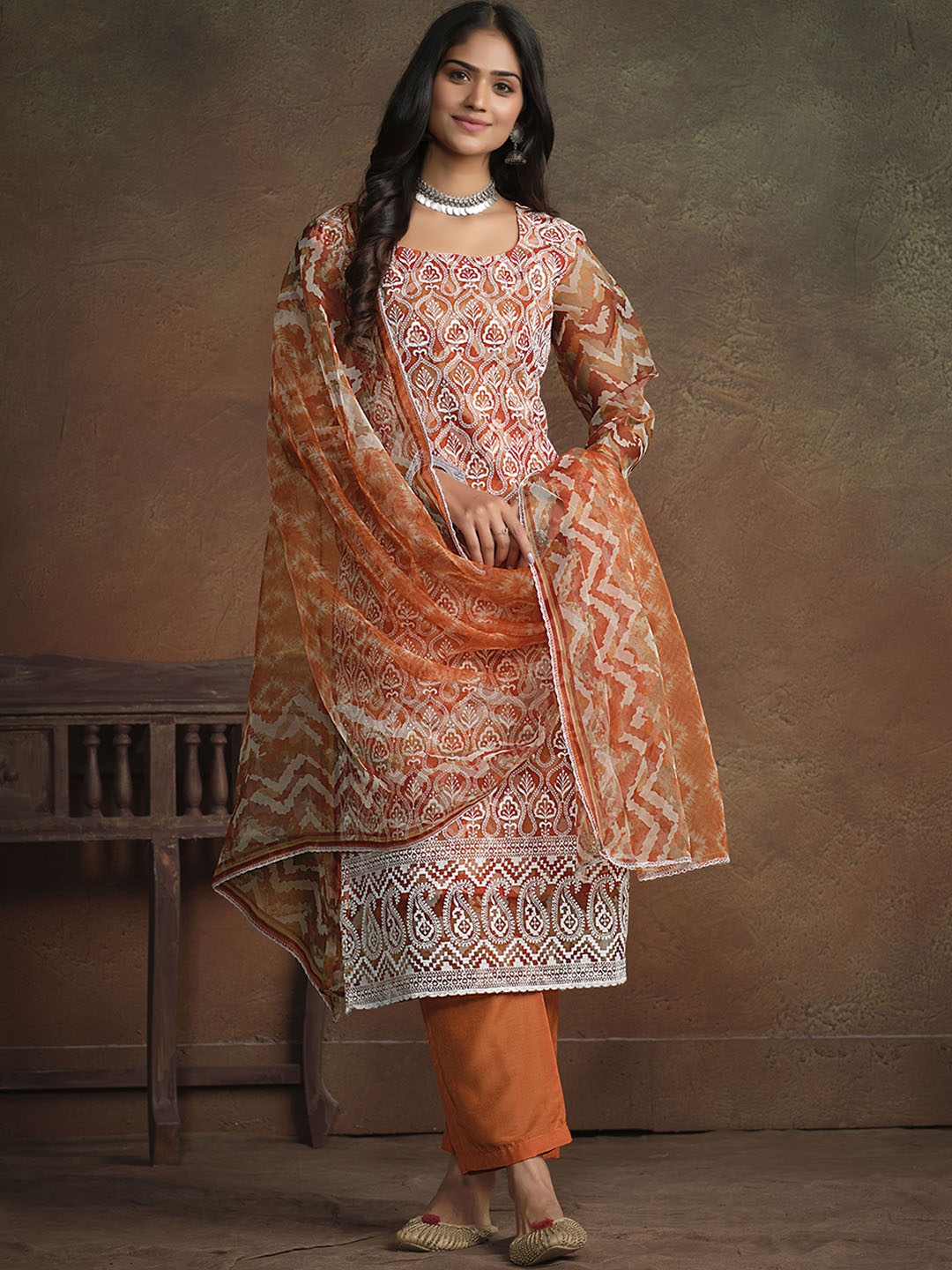 

Sangria Ethnic Motif Embroidered Straight Kurta With Trouser & Dupatta, Orange