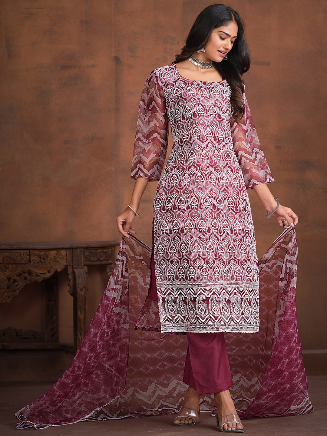 

Sangria Ethnic Motifs Printed & Embroidered Straight Kurta With Trouser & Dupatta, Maroon