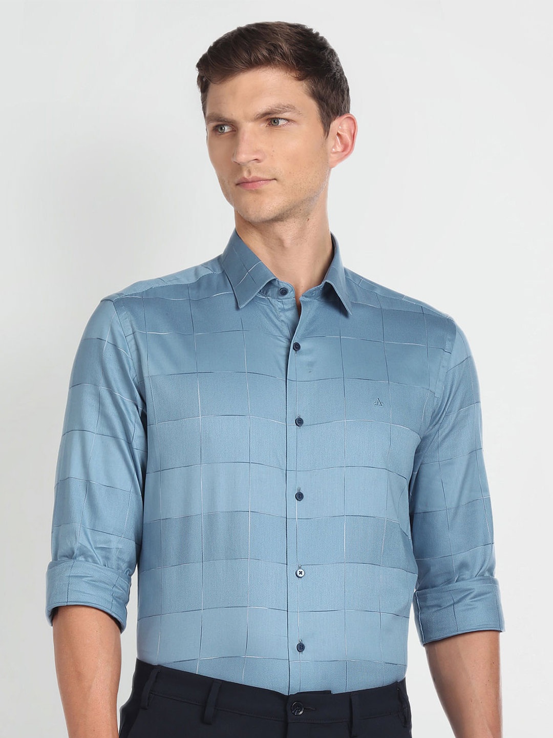 Arrow New York Windowpane Checked Manhattan Slim Fit Formal Shirt, Blue