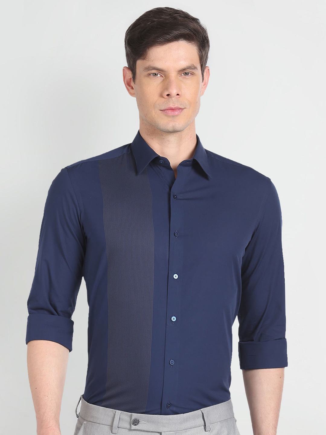 Arrow New York Slim Fit Striped Pure Cotton Formal Shirt, Navy blue