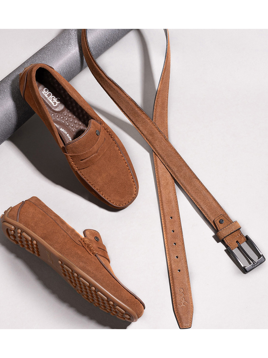 

One8 Men Suede Arch Support Penny Driving Shoes With Leather Belt, Tan