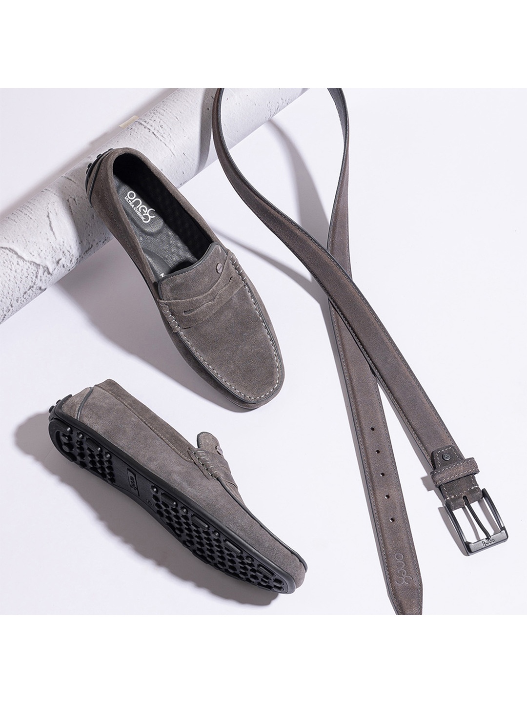 

One8 Men Suede Arch Support Penny Driving Shoes With Leather Belt, Grey